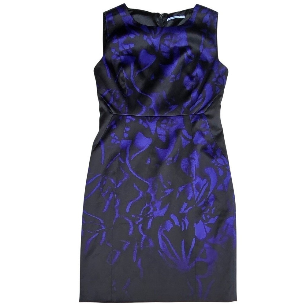Tahari Womens Black Purple Floral Satin Sheath Dress Sleeveless Size 6 US lined
